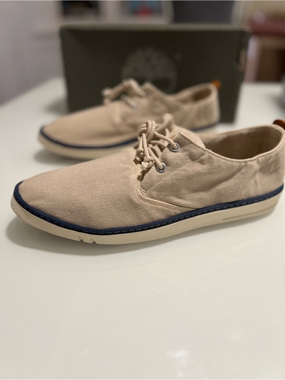 Timberland Beige Canvas Boat Shoes with Navy Trim